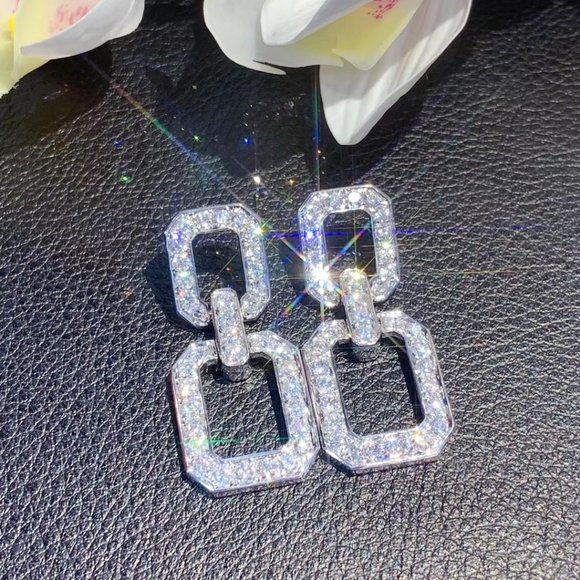 NEW Silver Double Square Round Diamond Earrings - Picture 4 of 9